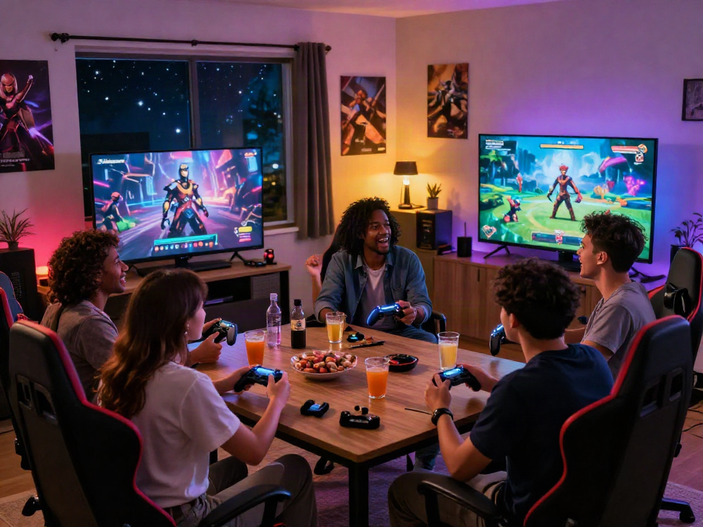 Friends enjoying interactive porn games in a cozy living room, showcasing gaming excitement and camaraderie.