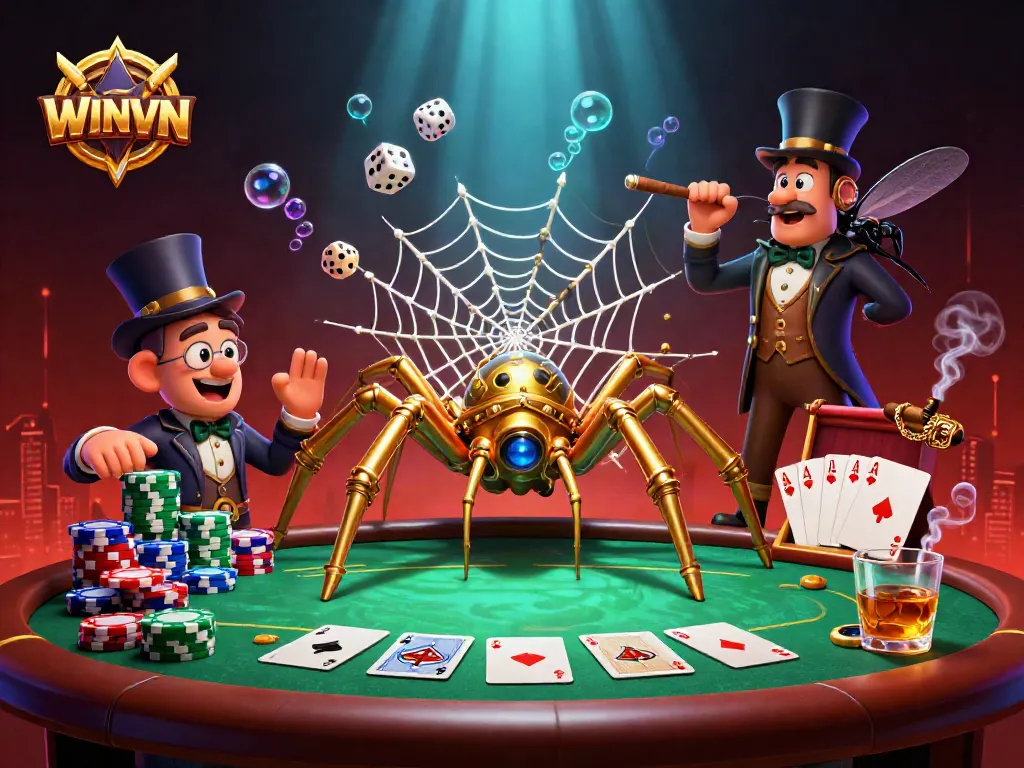WINVN's golden spider catches dice in a vibrant casino scene full of poker elements and rich details.