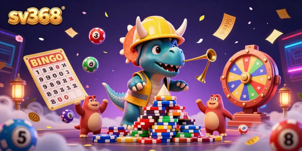 Experience the excitement of sv368 with a triceratops building a poker chip pyramid, surrounded by vibrant casino elements.