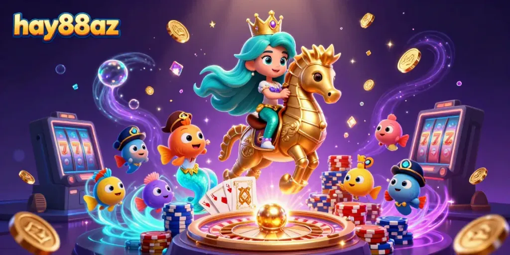 Experience the thrills of hay88az with a 3D mermaid, seahorse, and vibrant casino elements.