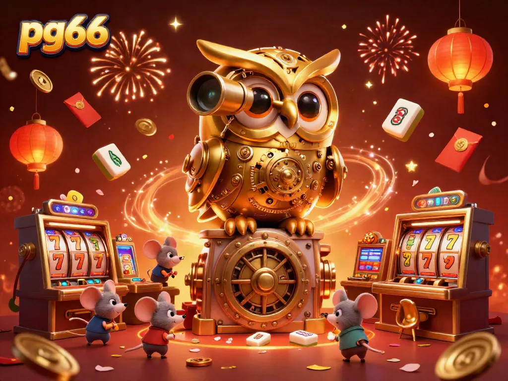 Experience the excitement of pg66 with vibrant scenes of massive clockwork owls and lively casino action.