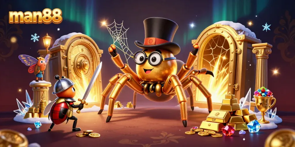 Experience thrilling wins at man88 with a dynamic casino scene of adventurous characters amidst golden treasures.