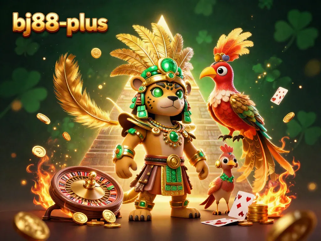 Engage with luxury and excitement at bj88-plus, a vibrant 3D rendering of a Mayan priest and quetzal bird amidst a lively casino scene.