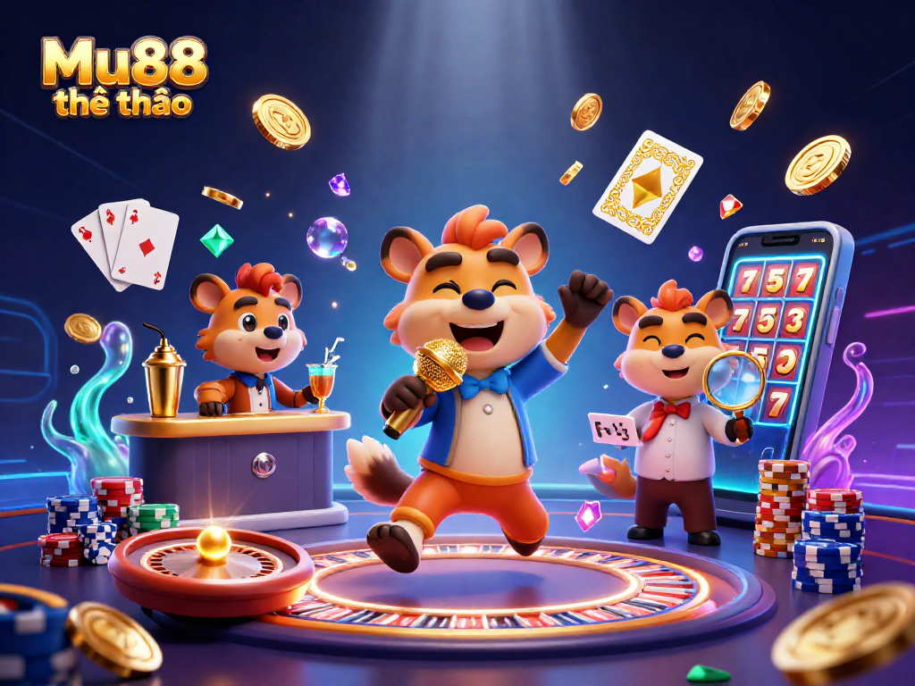 Mu88 thể thao showcases a lively comedy casino, featuring hyena characters engaging in gaming fun.