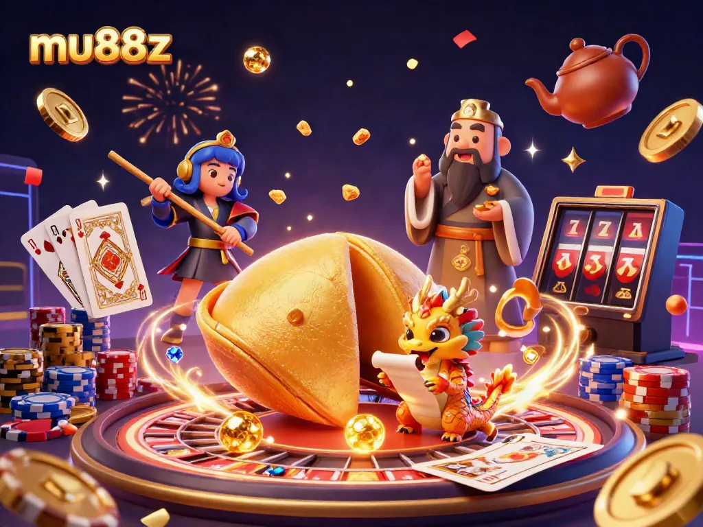 Play to win at MU88z with a vibrant 3D scene of fortune cookies and casino games.