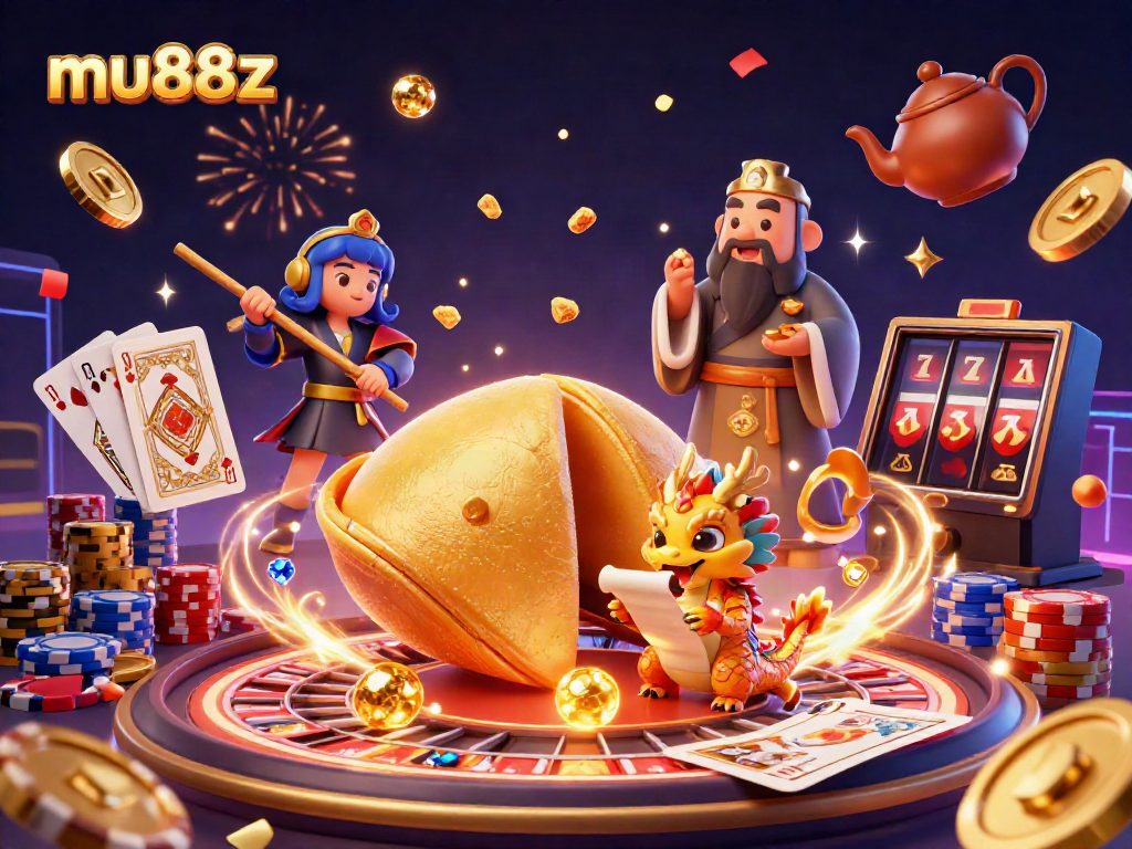 Play to win at MU88z with a vibrant 3D scene of fortune cookies and casino games.