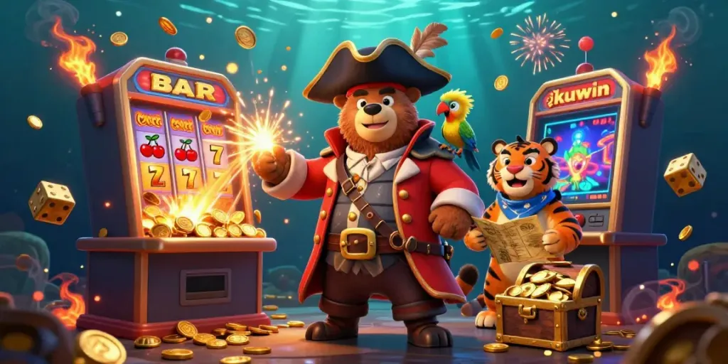 Experience the thrill of kuwin with a 3D pirate captain bear, tiger first mate, and golden parrot surrounded by casino elements.