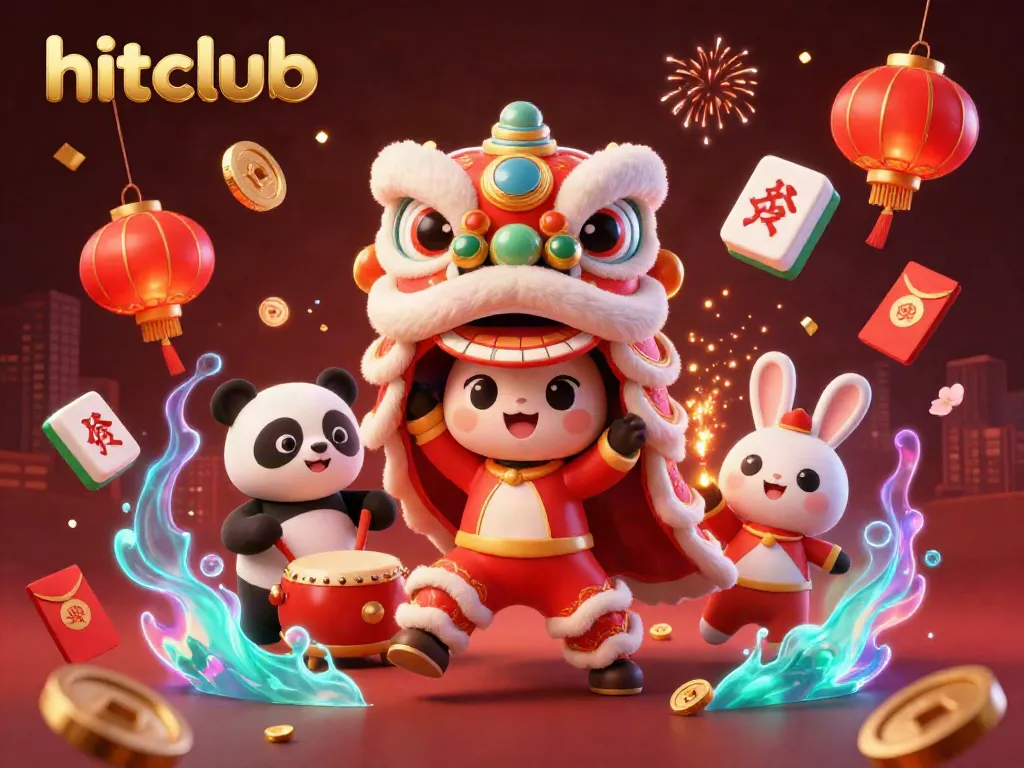 Engage in thrilling gameplay at hitclub with a festive illustration showcasing a lion dance and vibrant symbols of gaming fortune.