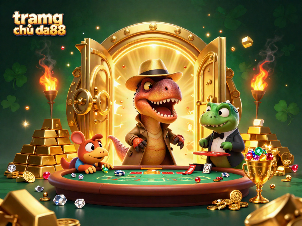 Engaging scene of tramg chủ da88 showcasing a clever velociraptor at a blackjack table amidst treasure and gems.