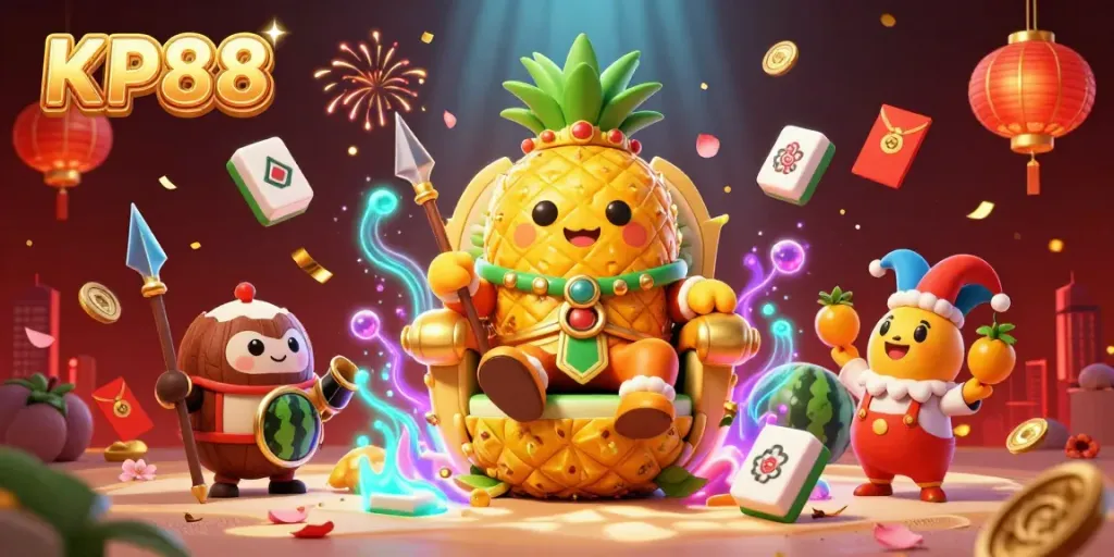 Engage in the vibrant KP88 casino scene with a golden pineapple king, joyful jester, and dynamic game elements.