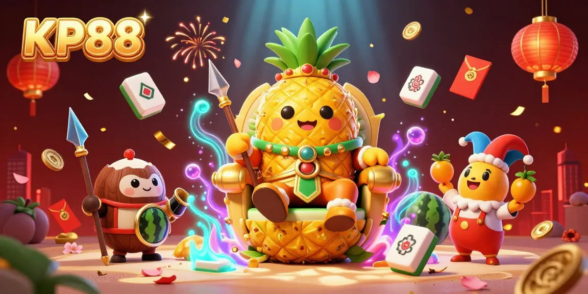 Engage in the vibrant KP88 casino scene with a golden pineapple king, joyful jester, and dynamic game elements.