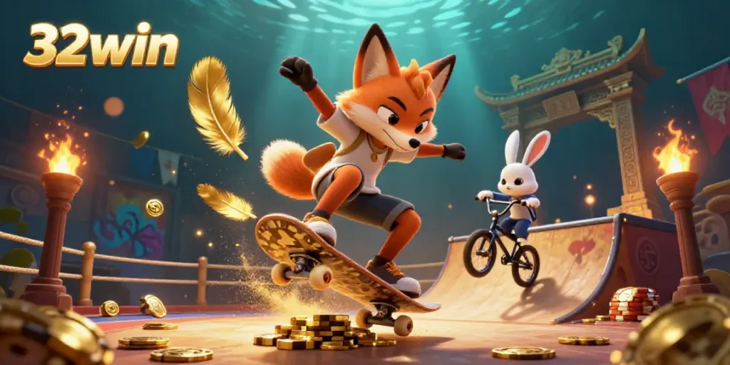 Experience the thrill of 32win with a vibrant 3D cartoon scene featuring action and gambling elements.