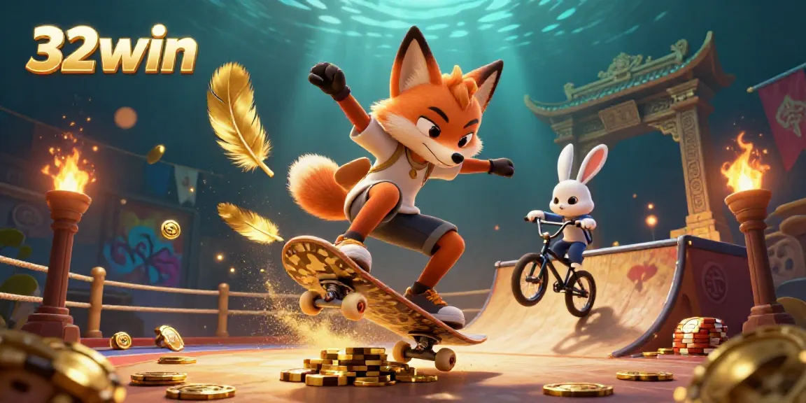 Experience the thrill of 32win with a vibrant 3D cartoon scene featuring action and gambling elements.