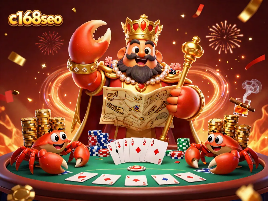 Play exciting games at c168seo with a themed illustration showcasing a golden crab emperor in a vibrant casino setting.