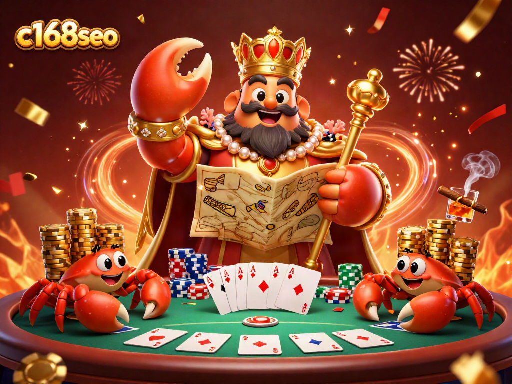 Play exciting games at c168seo with a themed illustration showcasing a golden crab emperor in a vibrant casino setting.