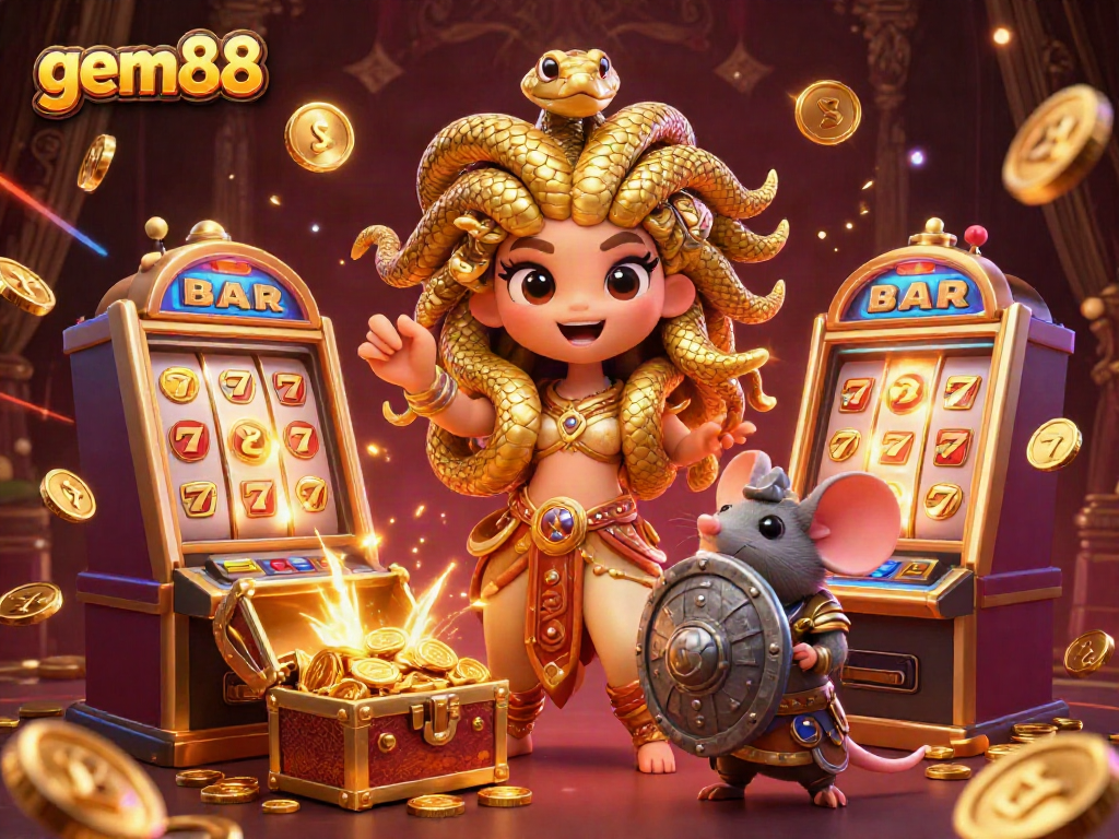 Experience big wins with gem88 in a vibrant casino world featuring Medusa and a warrior mouse.