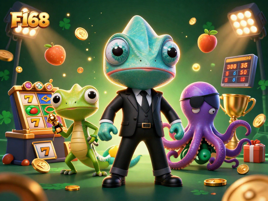 Experience thrilling gameplay at F168 with a colorful chameleon, tech-savvy gecko, and a villainous octopus.