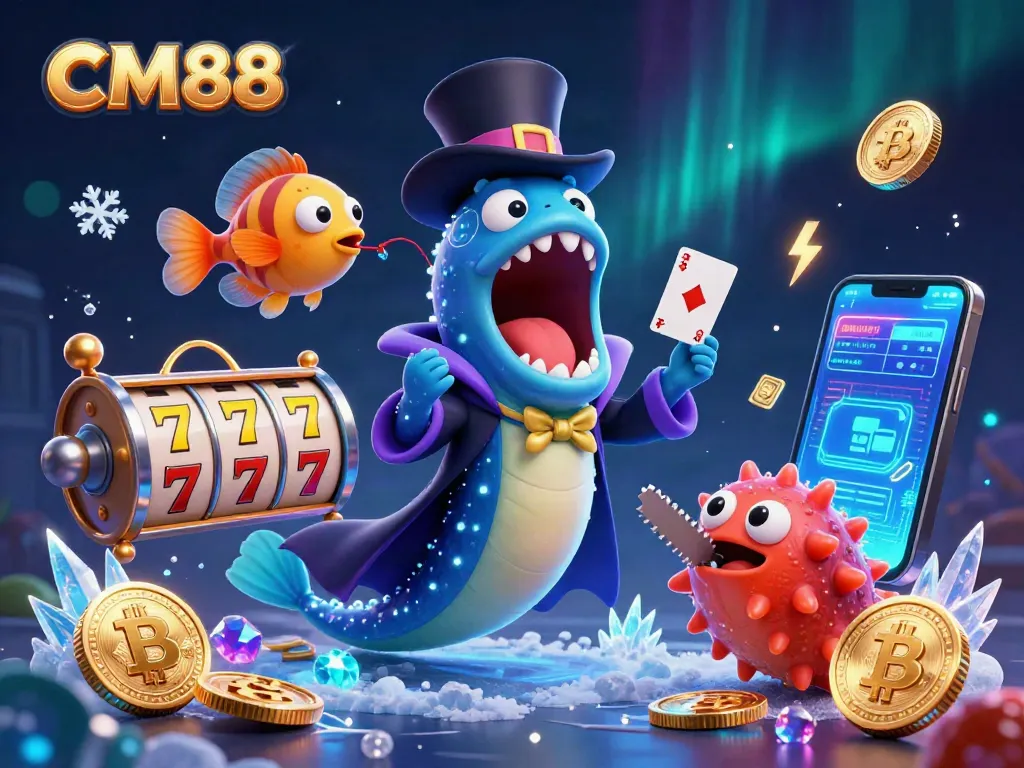 CM88 gambling scene with a deep-sea gulper eel performing card tricks and vibrant slot reels.