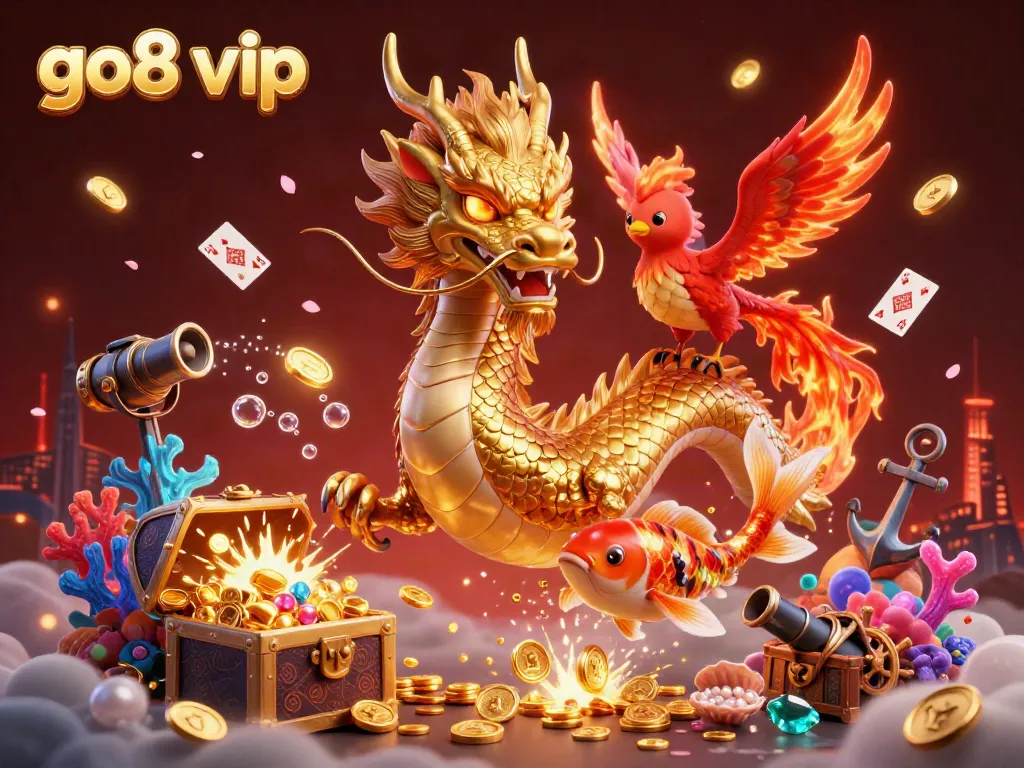 Experience epic gaming with go8 vip featuring a dynamic dragon, phoenix, and koi in a rich casino scene.