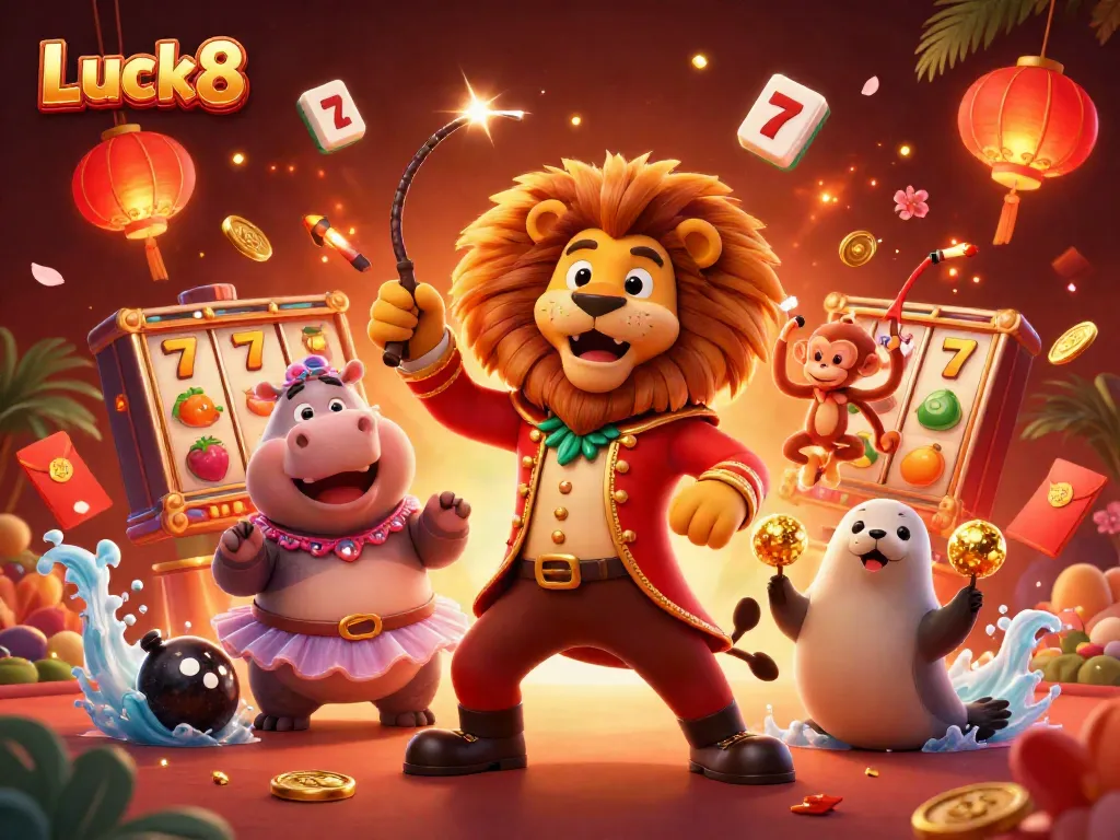 Experience the excitement of Luck8 with this vibrant 3D casino illustration featuring lively characters and slot elements.