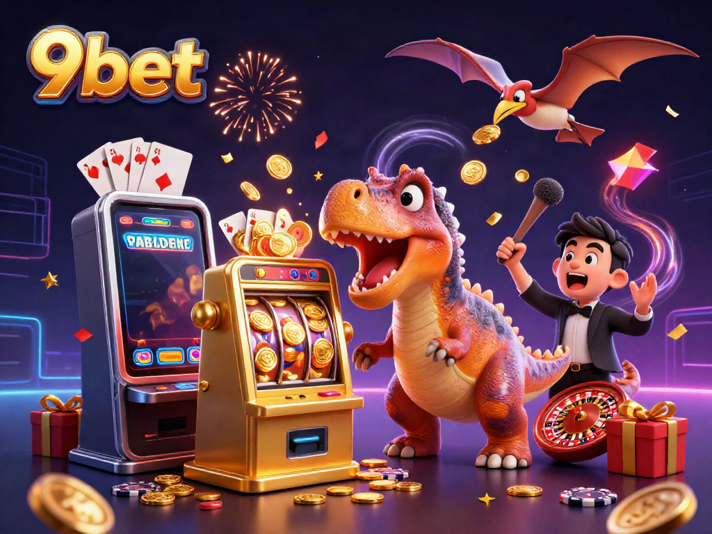 Experience the excitement of 9bet with a cartoon dinosaur hitting a jackpot slot machine amidst golden coin chaos.