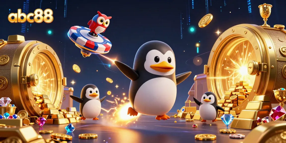 Engage with abc88 in this vibrant 3D scene showcasing casino excitement with golden penguins and treasure.