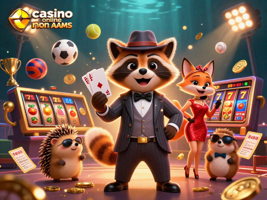 Scopri il mondo di casino online non AAMS con gentiluomo, volpe e riccio in un'illustrazione vivace.