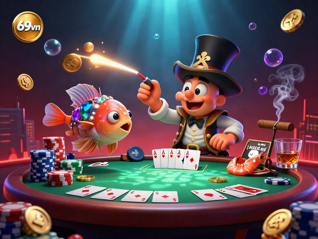 Win exciting prizes while playing at 69vn's vibrant casino featuring animated sea creatures and poker elements.