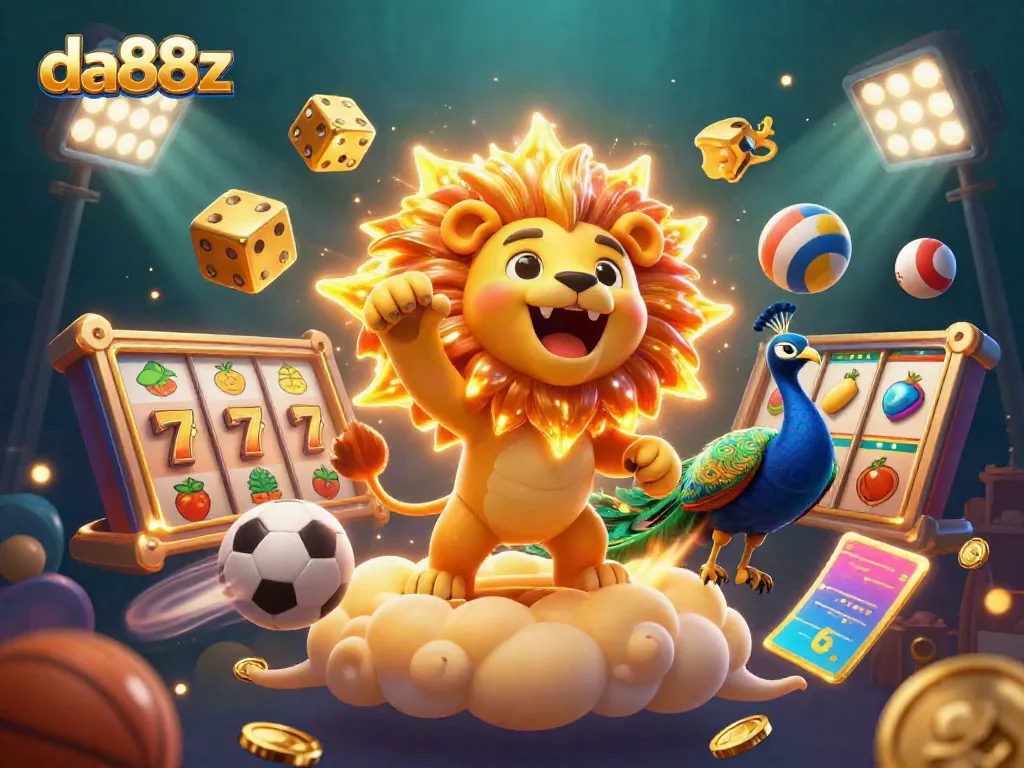 Join the excitement of da88z with a dynamic 3D scene featuring classic casino symbols and vibrant characters.