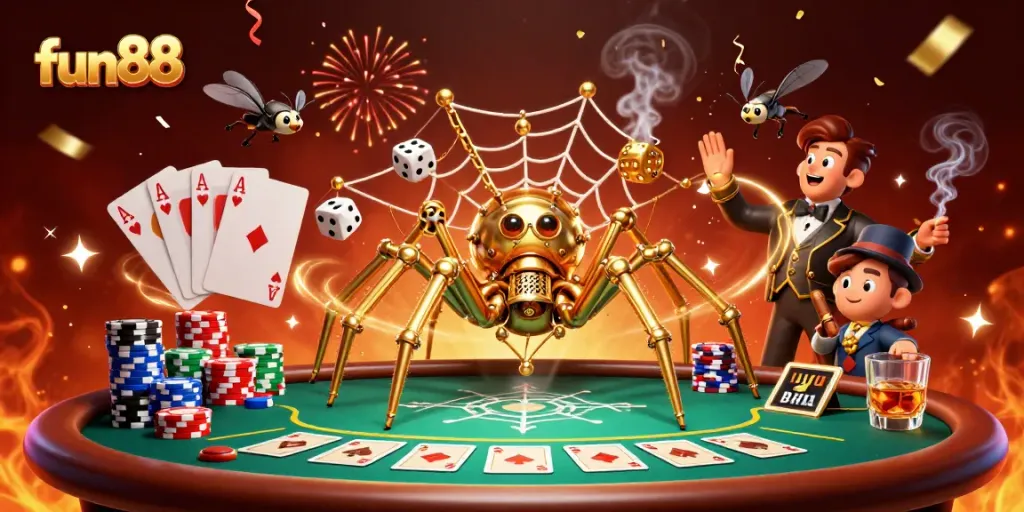 Fun88 captures the excitement of gambling with a golden spider and poker elements in 3D illustration.