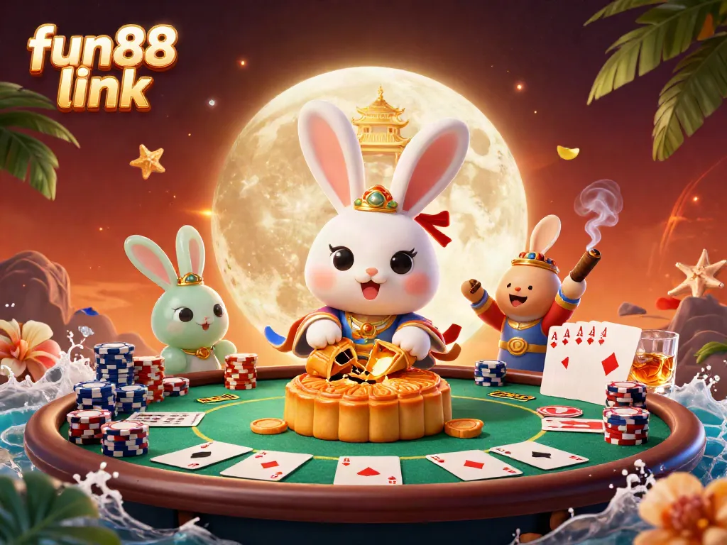 Win big with the fun88 link in this vibrant casino scene featuring a moon rabbit and poker elements.