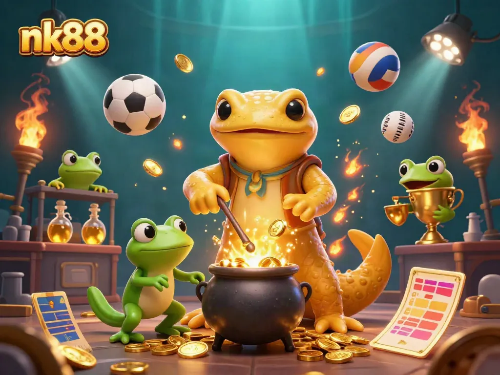 Experience the excitement of nk88 as a golden alchemist transforms base metals into winnings in a vibrant casino scene.