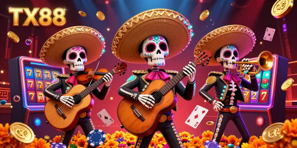 Experience exhilarating gameplay and festive energy at TX88's Day of the Dead casino scene with dynamic skeleton mariachi band.