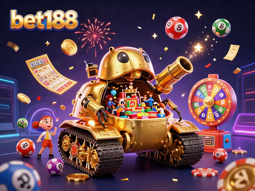 Experience exhilarating gaming with bet188 in a vibrant 3D casino scene brimming with animated lottery elements.