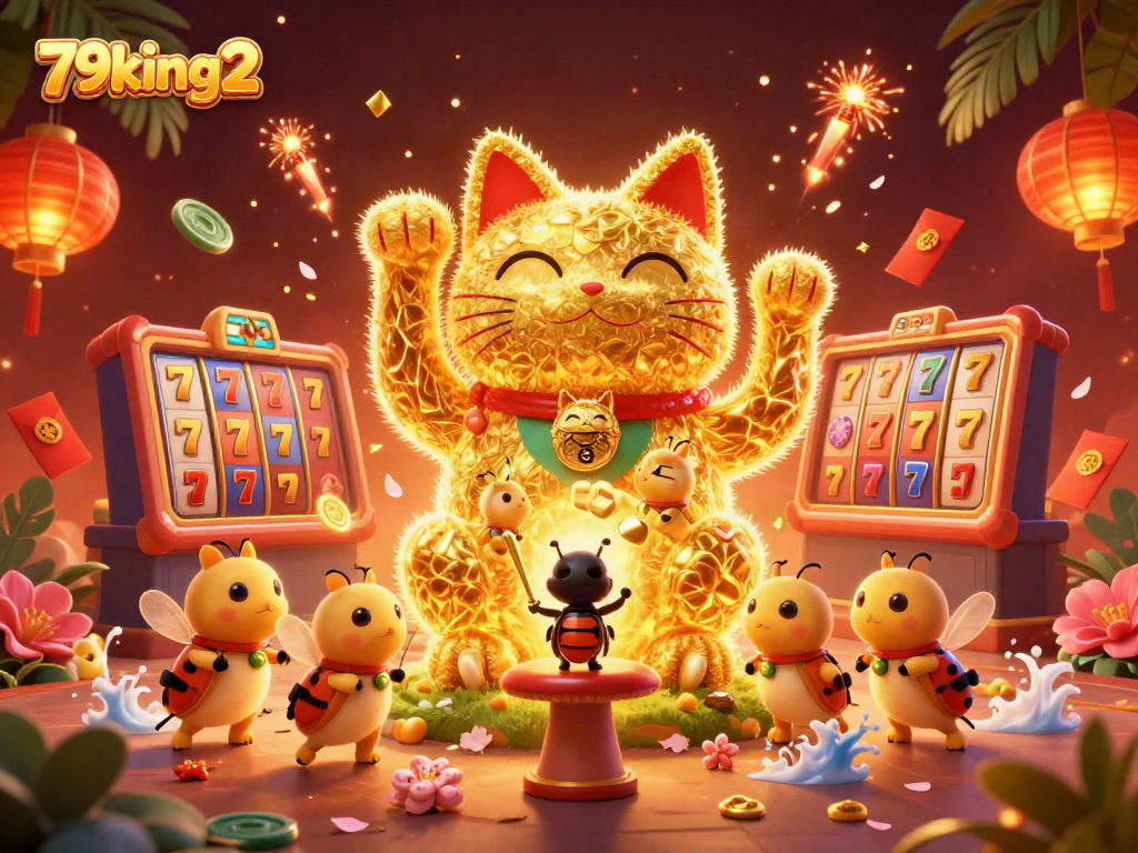 Engage with 79king2's vibrant casino atmosphere featuring lucky cat, game symbols, and dynamic elements.