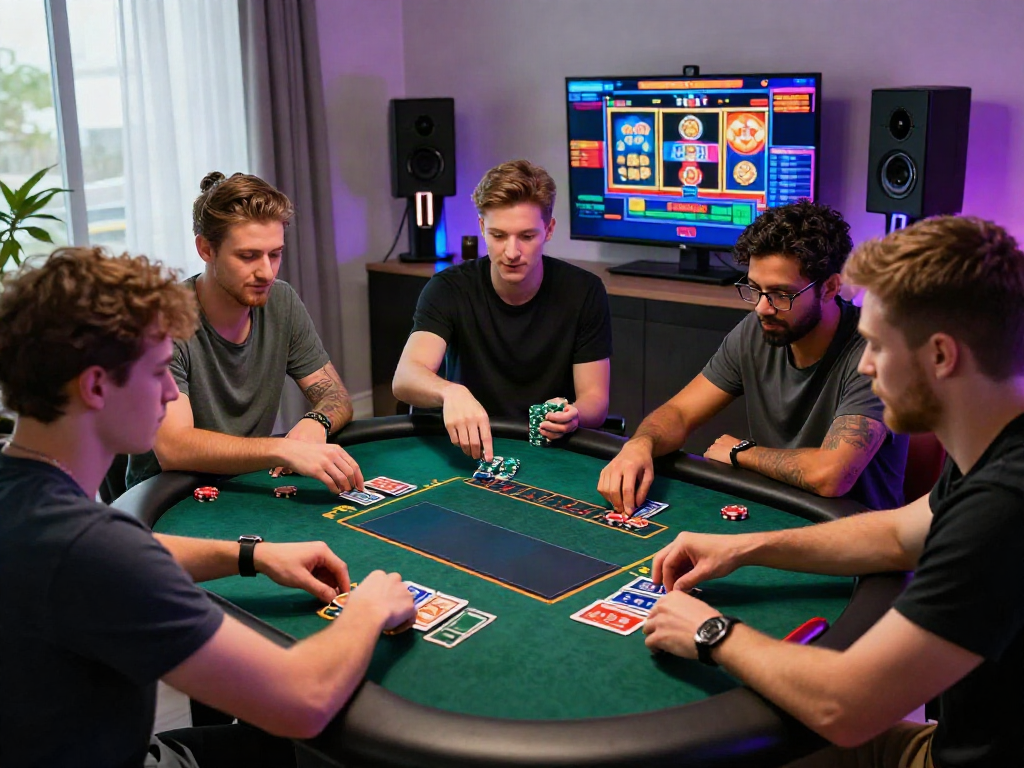Exciting Casino En Ligne scene with diverse players enjoying online games at home with vibrant screens and modern accessories.