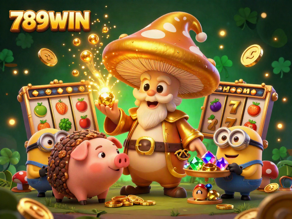 Experience the thrill of 789WIN with a vibrant slot game scene featuring a magical golden mushroom wizard.