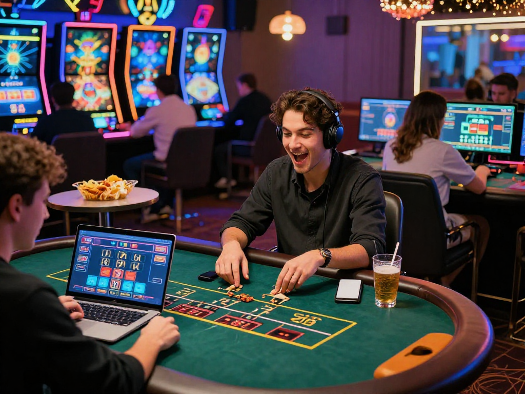 Giocatori che si divertono con casino online non AAMS in un ambiente luminoso e moderno.