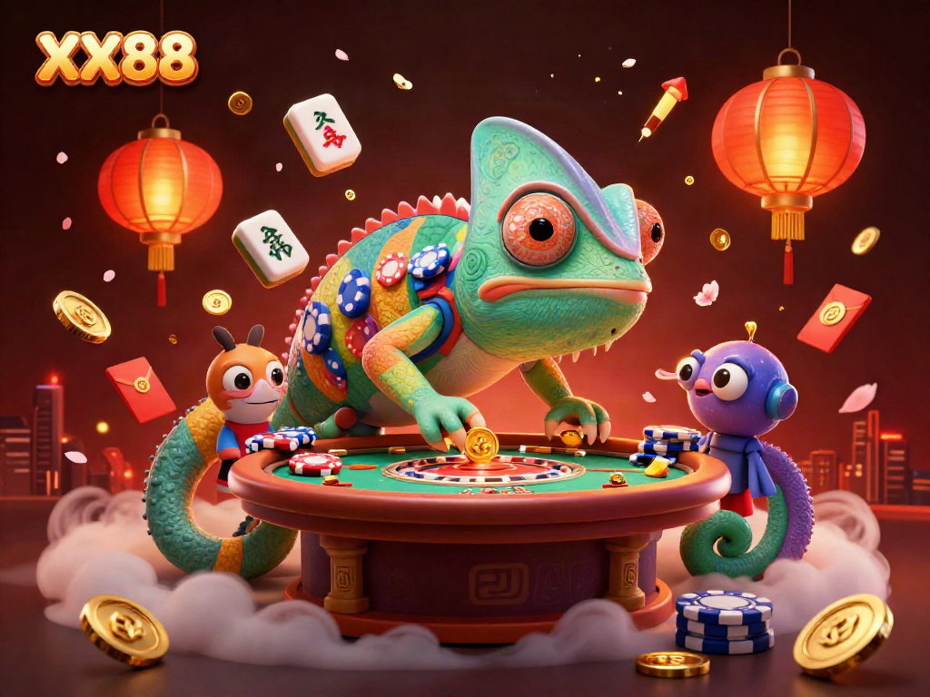Experience the vibrant world of XX88 with colorful casino elements and a dynamic chameleon mascot