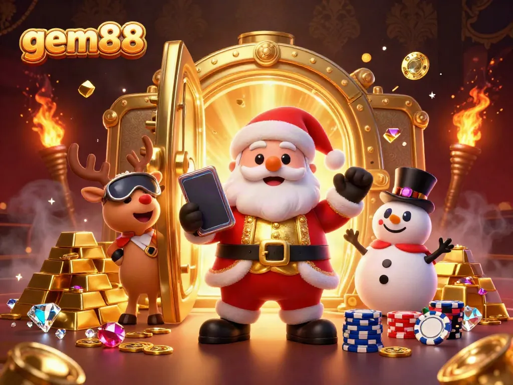 Experience the thrill at gem88 with a lively scene featuring casino elements and festive characters.