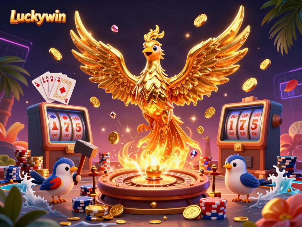 Experience the thrill of winning at Luckywin Casino with golden phoenix and dazzling game elements.