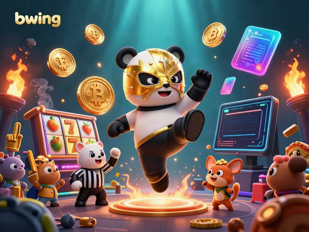 Experience thrilling slots action at bwing with a vibrant 3D illustration of animals celebrating a jackpot.