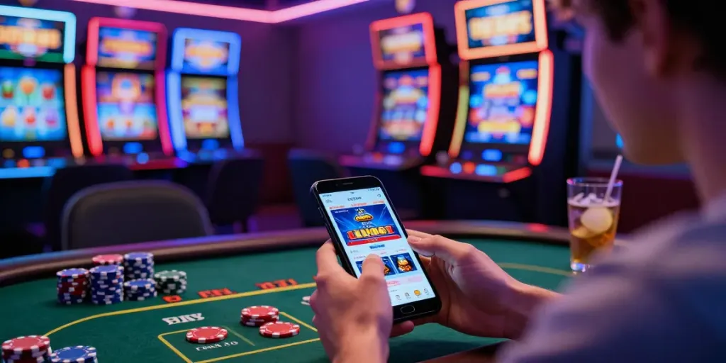 A80 gaming platform showcasing vibrant casino games and a player engaging with mobile gaming in a dynamic atmosphere.