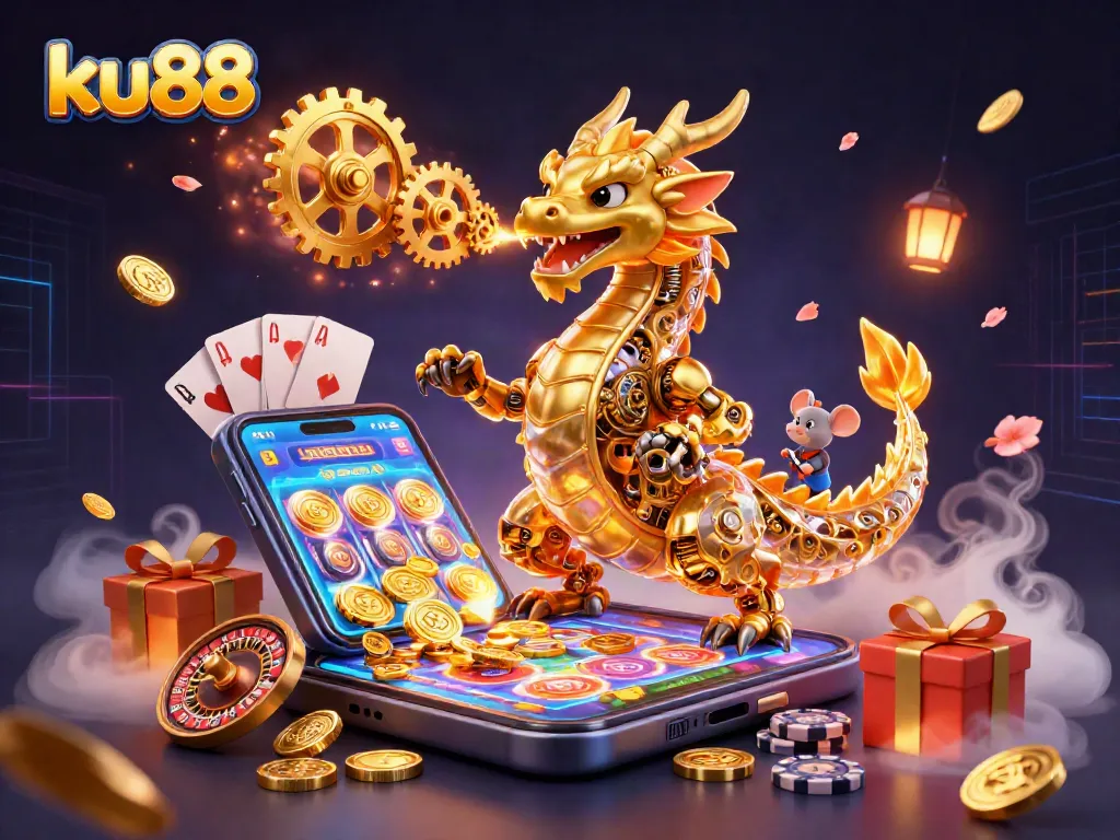 Experience thrilling wins at ku88 with a vibrant 3D illustration of a golden dragon and exciting casino elements.