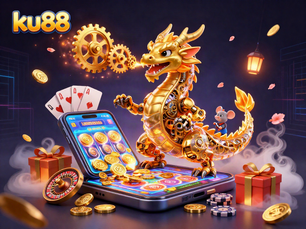 Experience thrilling wins at ku88 with a vibrant 3D illustration of a golden dragon and exciting casino elements.