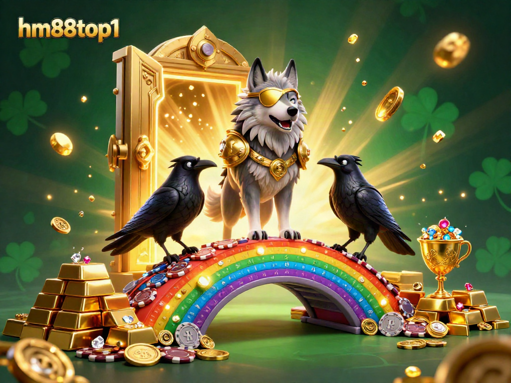 Win big at hm88top1 with an epic fantasy casino scene featuring Odin and his ravens amidst gold treasures.