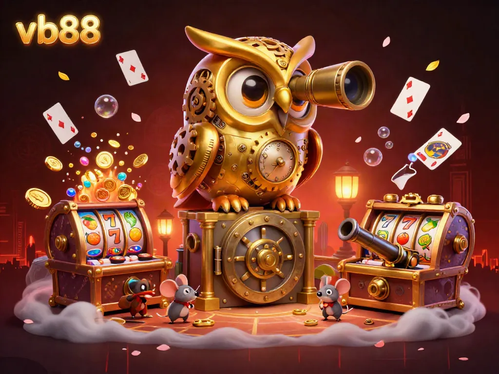 Experience the excitement of vb88 casino with a golden owl watching over slot reels and gold coins.
