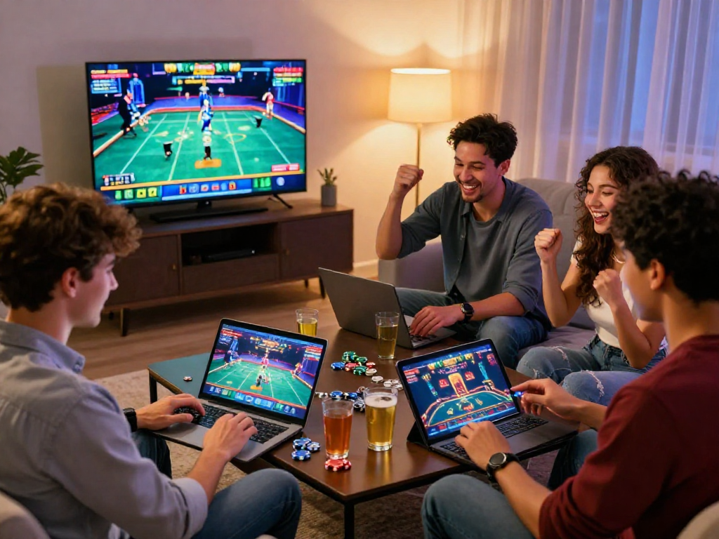 Giocatori che si divertono con casino online non AAMS in un'accogliente sala, laptop e tablet attivi, atmosfera vivace.