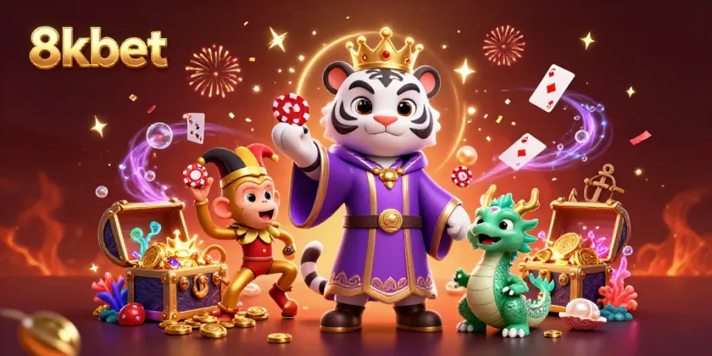 Engaging 8kbet scene with a royal tiger, juggling monkey, and jade dragon amid sparkling casino elements.
