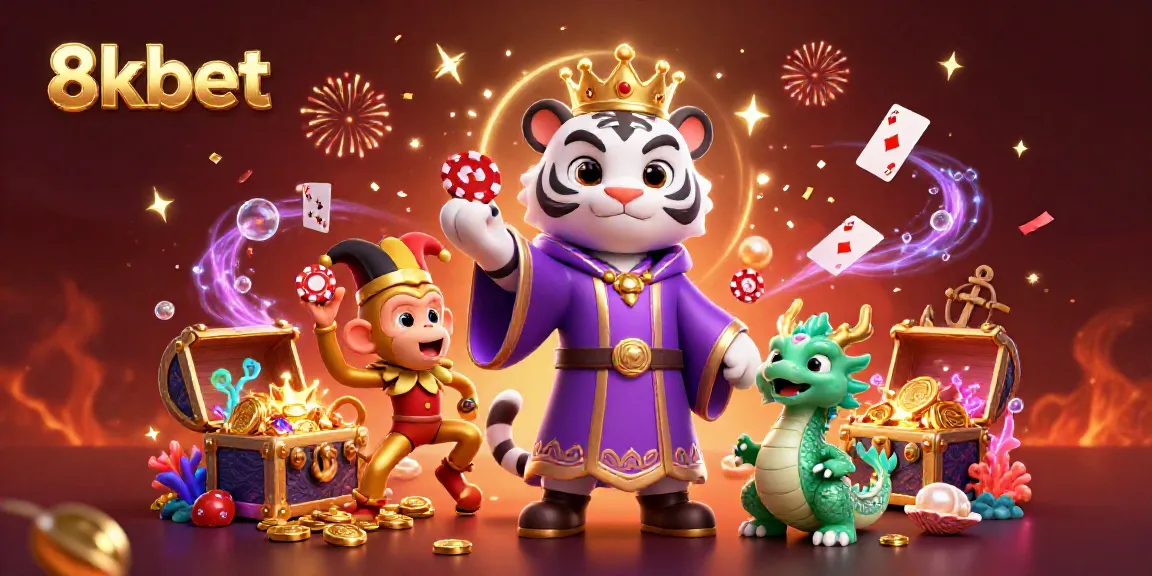 Engaging 8kbet scene with a royal tiger, juggling monkey, and jade dragon amid sparkling casino elements.